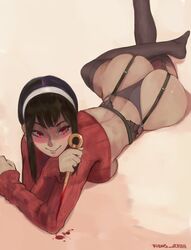 1girls ass assassin big_ass big_butt black_hair blush butt dat_ass fat_ass female female_only fidus garter_belt large_ass lying on_stomach panties red_eyes solo solo_female spy_x_family stiletto_(weapon) thick thick_ass thighhighs thorn_princess voluptuous yor_briar rating:Questionable score:123 user:dedc23