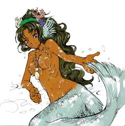 artist_request blue_eyes breasts curly_hair dark-skinned_female dark_skin flat_chest gills green_hair hair_ornament head_fins headfins jewelry lying mermaid monster_girl necklace nipples ponytail smile tied_hair topless water wet rating:Explicit score:9 user:bot