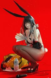  1girls bag big_breasts black_hair breasts bunny_ears bunny_girl bunny_tail bunnysuit chainsaw_man female female_focus female_only ganet_p hand_fan light-skinned_female light_skin looking_at_viewer open_mouth red_background scar scar_on_face uchiwa water_bottle yellow_eyes yoru_(chainsaw_man)  rating:explicit score: user:p250697