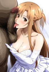 ai_generated cheating cheating_girlfriend cheating_on_wedding_day cleavage cuckold dark-skinned_male fat_man hairy_male highres interracial large_breasts large_penis licking_penis netorare ntr smug smug_face sword_art_online testicles waroffree wedding_dress white_background yuuki_asuna rating:Explicit score:61 user:waroffree