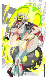 1girls bayeuxman big_breasts guilty_gear guilty_gear_xrd halo huge_ass jack-o'_valentine long_hair mask onesie red_hair thick_thighs white_hair rating:Explicit score:92 user:Curb3