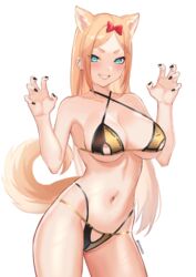 absurdres animal_ears areola_slip bikini black_bikini blonde_hair blue_eyes blush bow breasts claw_pose cleavage clothing_cutout cowboy_shot earrings female fox_ears fox_girl fox_tail fran_(gudanco_(nyanmeowzer)) golden_bikini grin gudanco_(nyanmeowzer) hairbow highres jewelry large_breasts long_hair looking_at_viewer nail_polish navel original red_bow simple_background smile solo string_bikini swimsuit tail thick_eyebrows thong white_background rating:Questionable score:41 user:DemonKitty15