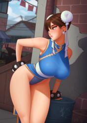 1girls alley alleyway bare_legs bare_thighs bent_over big_breasts blush blush breasts brown_hair bun_cover capcom chun-li clothed deilan12 female female female_focus garter hair_buns looking_back outdoors outside qipao solo solo_female solo_focus street_fighter thighs rating:Questionable score:101 user:porkerpig225