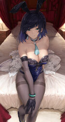 1girls akita_hika bed bedroom blue_eyes blue_hair bob_cut breasts bunny_ears bunny_girl bunnysuit choker cleavage earrings female female_only genshin_impact gloves hand_on_thigh hi_res inviting inviting_to_sex jacket jacket_removed jewelry leotard looking_at_viewer mole mole_on_breast pantyhose pillow playboy_bunny pov pov_eye_contact short_hair smile yelan_(genshin_impact) rating:Questionable score:510 user:Monalicious