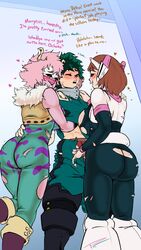 1boy 2girls ass assertive_female blush brown_eyes brown_hair color dialogue english fakeryway female ffm_threesome green_eyes green_hair hero_outfit_(mha) heroine horns horny horny_female izuku_midoriya mina_ashido my_hero_academia ochako_uraraka pink_hair pink_skin pleasure_castle ripped_clothing shounen_jump text threesome rating:Explicit score:562 user:Izuku-Midoriya(Deku)