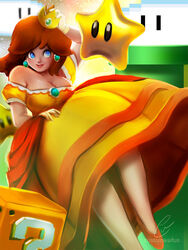 blue_eyes brown_hair cleavage customwaifus dress earrings fully_clothed large_breasts mario_(series) princess princess_daisy smile strapless_dress super_mario_bros. rating:Questionable score:38 user:natatat