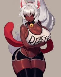 1girls animal_ear_fluff animal_ears arms_under_breasts bell_choker bell_collar black_sclera breast_hold breasts cat_ears cat_tail catgirl cleavage clothes_writing coco_(bakeneko) colored_sclera dark-skinned_female dark_skin dolphin_shorts expressionless female female_focus female_only greasymeta huge_breasts large_breasts long_hair mole_on_breast mole_under_eye oerba_yun_fang open_mouth original original_character shiny_skin skin_fang skindentation solo solo_female thick_thighs thighhighs thighs thong_above_shorts thong_straps thunder_thighs unamused underwear very_long_hair white_hair white_tank_top rating:Questionable score:703 user:OhHeHornyHorny