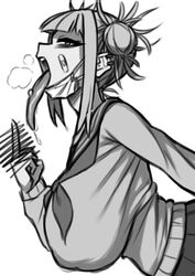 alternate_breast_size bandage bandaid bandaid_on_face blonde_hair breasts coffeelove68 drooling ear_studs earrings facemask greyscale hair_buns himiko_toga huge_breasts jewelry long_tongue looking_at_viewer mask messy_hair middle_finger my_hero_academia open_mouth pierced_tongue piercing school_uniform short_hair skirt suggestive tongue tongue_out tongue_piercing tongue_stud yellow_eyes rating:Questionable score:434 user:Disastermaster55