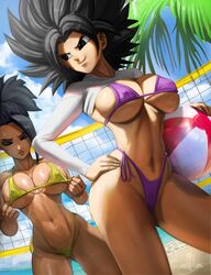 2girls ball beach beach_ball big_breasts bikini black_hair breasts caulifla clothing cloud dragon_ball dragon_ball_super elitenappa female female_only female_saiyan golden_bikini hand_on_hip hourglass_figure kale long_sleeves looking_away looking_down net nipples nipples_visible_through_clothing ocean saiyan shirt shounen_jump sky smile swimsuit thick_thighs tree universe_6 universe_6/universe_7 water rating:Questionable score:480 user:Rex_Hollins