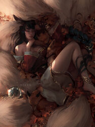 1girls ahri big_breasts cleavage detailed detailed_background female female_only league_of_legends nixeu painting_(artwork) pale_skin thick_thighs upskirt rating:Questionable score:84 user:deleted7316