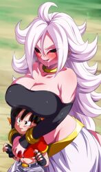 2girls android_21 baggy_pants bandana big_breasts big_hair black_hair black_nails black_sclera blush breast_press breasts_on_head cleavage dragon_ball dragon_ball_fighterz dragon_ball_gt dragon_ball_z drooling earrings evil evil_eyes female_only fingerless_gloves hair height_difference hugging_from_behind hungry larger_female long_hair majin_android_21 mature_female midriff monster_girl pan_(dragon_ball) pink-skinned_female pink_body pink_skin red_eyes ring rom saliva shounen_jump size_difference smaller_female standing steaming_body tail voluptuous white_hair wide_hips rating:Explicit score:458 user:nobodyyet