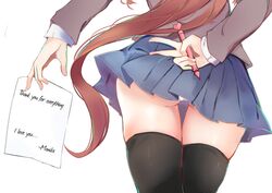 5_fingers blue_skirt chromatic_aberration doki_doki_literature_club english_text female female_only heart_pen long_hair long_hair_female miniskirt monika_(doki_doki_literature_club) panties pantyshot pantyshot_(standing) paper peace_sign pen skirt skirt_lift text thighhighs thighs upskirt v_sign white_panties wholesome xhunzei zettai_ryouiki rating:Questionable score:257 user:Animeanimation83