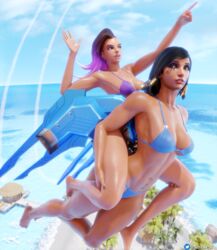 2girls 3d absurd_res big_breasts bikini breasts dark-skinned_female female female_only fit fit_female hi_res highres navel_piercing nemesis_3d overwatch pharah piggyback shiny_skin sombra tattoo thick_thighs thighs rating:Questionable score:30 user:Nemesis_3d