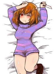 blue_shirt brown_hair closed_eye female frisk frisk_undertale goodbad963 short_hair undertale undertale_(series) white_skin rating:Questionable score:92 user:PuroTheDarkLatexWolf