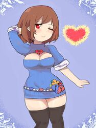 alternate_costume alternate_outfit black_legwear black_thighhighs blue_shirt brown_hair cleavage closed_eyes female female_human female_only frisk frisk_undertale goodbad963 hand_behind_head heart one_eye_closed red_eyes short_hair solo solo_female thighhighs undertale undertale_(series) white_skin rating:Questionable score:42 user:PuroTheDarkLatexWolf