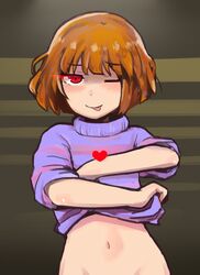 blue_shirt brown_hair closed_eye female frisk frisk_undertale goodbad963 short_hair undertale undertale_(series) white_skin rating:Questionable score:81 user:PuroTheDarkLatexWolf