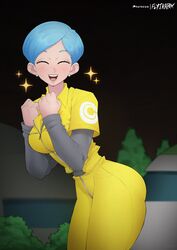 1girls ass big_ass blue_hair breasts bulma_briefs dragon_ball dragon_ball_super dragon_ball_super_super_hero flytrapxx mechanic overalls smiling yellow_overalls rating:Questionable score:91 user:mxfix_mxbbin