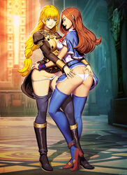 2girls ascot ass ass_grab back bare_thighs blonde_hair blouse blue_eyes blue_legwear book boots braid breasts brown_hair capelet castlevania castlevania:_portrait_of_ruin charlotte_aulin crossover female female_only fire_emblem fire_emblem:_three_houses garreg_mach_monastery_uniform genzoman gloves green_eyes grin groin hair_ornament heels highres hug ingrid_brandl_galatea large_ass lifted_by_another lingerie long_hair long_sleeves medium_breasts multiple_girls nintendo open_mouth panties panty_pull pantyhose pantyhose_down shirt skirt skirt_lift smile stockings thighhighs thighs underwear undressing undressing_another undressing_partner uniform upskirt white_panties yuri rating:Questionable score:123 user:Hyunkel