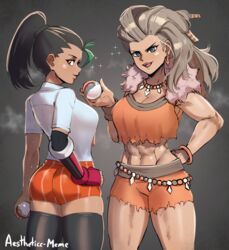 2girls abs aestheticc-meme ass blue_eyes breasts butt cleavage clothed clothing dr._olim duplicate female female_only fingerless_gloves gloves gray_hair looking_at_viewer looking_back milf muscular_female nemo_(pokemon) nemona_(pokemon) olim_(pokemon) open_mouth open_smile pokeball pokemon pokemon_champion pokemon_professor pokemon_protagonist pokemon_sv pokemon_trainer ponytail professor_sada_(pokemon) shorts simple_background six_pack smile sweat take_your_pick thick_thighs thighhighs unga_bunga rating:Questionable score:347 user:Lunacy