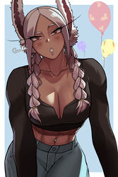 1girls abs absurd_res alternate_version_available animal_ears artist_name balloon bangs black_shirt blush braid breasts cleavage collarbone cowboy_shot dark-skinned_female dark_skin eyelashes female fully_clothed gud0c hair_ornament hi_res long_hair long_sleeves looking_at_viewer midriff miruko muscular muscular_female my_hero_academia navel navel_piercing obliques pants parted_bangs parted_lips piercing rabbit_ears rabbit_girl raised_eyebrow red_eyes rumi_usagiyama shirt solo twin_braids rating:Safe score:175 user:Crcole331