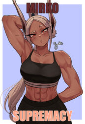 1girls abs absurdres animal_ears arms_behind_back arms_behind_head bare_shoulders biceps breasts closed_mouth collarbone dark-skinned_female dark_skin female fully_clothed gud0c highres impact_(font) long_hair miruko muscular muscular_female my_hero_academia navel_piercing obliques piercing rabbit_ears red_eyes rumi_usagiyama solo sports_bra sportswear toned white_hair rating:Safe score:171 user:Crcole331