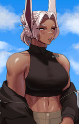 1girls abs alternate_hairstyle animal_ears artist_name bare_shoulders black_jacket blue_sky blush breasts crop_top dark-skinned_female dark_skin day eyelashes female fully_clothed gud0c hair_bun highres jacket midriff miruko my_hero_academia navel rabbit_ears red_eyes rumi_usagiyama shiny shiny_skin sky sleeveless solo tagme white_hair rating:Safe score:167 user:Crcole331