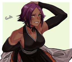 1girls artist_name bare_shoulders bleach blush breasts choker collarbone dark-skinned_female dark_skin elbow_gloves female female_only fully_clothed gloves gud0c highres large_breasts looking_at_viewer muscular muscular_female purple_hair shihouin_yoruichi short_hair simple_background smile solo teeth watermark yellow_eyes rating:Safe score:259 user:Crcole331