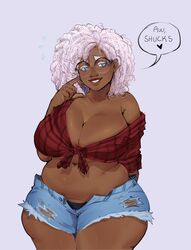 big_breasts blue_eyes breasts checkered_shirt cherry_blossoms chubby cleavage cowboy_shot cropped_legs curly_hair cyan_eyes dark-skinned_female dark_skin denim denim_shorts dialogue english_text eyewear fat_folds female front_view gesture glasses heart jean_shorts light_blue_eyes mature_female midriff off_shoulder princesssamoyed red_shirt round_glasses shirt shorts slightly_overweight solo text tied_shirt torn_jeans torn_shorts white_eyebrows white_hair white_hair_female rating:Questionable score:64 user:Rapattack12