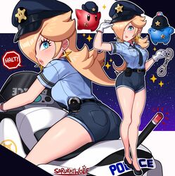 1girls ass big_ass big_butt big_thighs black_shorts blonde_hair blue_hair breasts butt buttoned_shirt earrings female gloves hair_over_one_eye handcuffs heels hi_res high_heels hotpants light-skinned_female light_skin lips lipstick long_hair looking_at_viewer luma mario_(series) navy_blue_shorts nintendo platinum_blonde_hair police police_bike police_hat police_officer police_uniform policewoman princess_rosalina sarukaiwolf short_shorts star_earrings thick thick_ass thick_butt thick_hips thick_thighs tucked_shirt white_gloves wide_hips rating:Questionable score:188 user:Toalbooth_