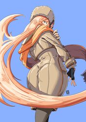 1girls ass ass_focus automatic_giraffe blonde_female blonde_hair blonde_hair_female blue_eyes bubble_ass bubble_butt butt_crack fat_ass female gloves guilty_gear guilty_gear_strive hand_on_arm hand_on_hip large_ass long_hair millia_rage scarf simple_background solo solo_female thick_thighs rating:Questionable score:38 user:Kasumi20