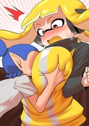 1boy 1girls agent_3_(splatoon) blush breasts embarrassed female hi_res huge_breasts inkling inkling_boy inkling_girl light-skinned_female light-skinned_male light_skin long_hair male motorboating nintendo nobunagapero peronattu splatoon splatoon_(series) tentacle_hair rating:Questionable score:124 user:Aeolus_HX