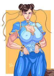 big_breasts blue_eyes breasts brown_hair busty chinese_clothes chun-li cleavage cleavage_cutout erect_nipples erexpron female female_focus female_only hourglass_figure light_skin long_hair makeup nipple_bulge standing street_fighter street_fighter_6 tagme wide_hips yoga_pants rating:Explicit score:18 user:droid377