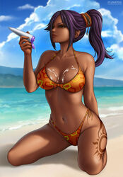 1girls beach big_breasts bleach breasts dark-skinned_female dark_skin female female_only flowerxl large_breasts shihouin_yoruichi solo rating:Questionable score:116 user:justausername