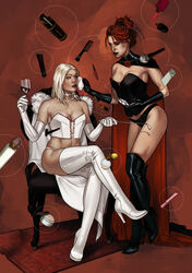 2girls applying_makeup bangs bare_thighs black_cape black_clothing black_corset black_eyebrows black_gloves black_high_heel_boots black_high_heels black_lipstick black_panties black_queen black_thigh_boots blonde blonde_eyebrows blonde_female blonde_hair blonde_hair_female boobs breasts cape chair clothed corset dima_ivanov dominatrix elbow_gloves emma_frost eyebrows_behind_hair femdom floating_object flower gloves hair_bun hair_comb hair_spray hellfire_club high_heel_boots high_heels holding_whip holding_wine_glass homo_superior jean_grey knees_together_feet_apart makeup marvel marvel_comics medium_breasts mutant orange_hair pampering panties perfume perfume_bottle powder_puff red_cape red_cape_lining red_flower red_hair red_hair_female red_lipstick red_rose riding_crop rose rug sitting sitting_on_chair standing standing_on_one_leg telekinesis telepath thigh_boots thighs thighs_together thong white_cape white_clothing white_corset white_elbow_gloves white_gloves white_high_heels white_high_heels_boots white_queen white_riding_crop white_thigh_highs white_thong wine wine_glass x-men rating:Questionable score:100 user:3mma_Fr0st