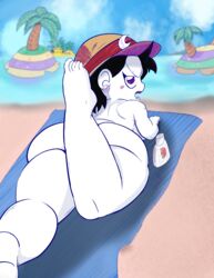  1girls absurd_res adeleine ass background beach beach_towel black_hair earrings female hat highres huge_ass kimiomega kirby_(series) kirby_guardian leg_up looking_back lying mr._bright nude nude_female purple_eyes sideboob sun_hat sunscreen tagme twinerva white_body  rating:questionable score: user:notweta