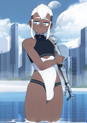 1boy 2022 artist_name bare_shoulders bionic_arm blue_eyes bulge clothed cowboy_shot cyborg dark-skinned_femboy dark-skinned_male dark_skin femboy girly hair_strand hwacheon male male_only original outdoors patreon_username ra4s side_shave smile solo_male swimsuit trap water white_hair rating:Questionable score:130 user:Pastel__Hentai