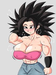 1girls abs armpits black_hair blush caulifla dragon_ball dragon_ball_super huge_breasts jeans lewdyartz muscular muscular_female nipple_bulge sweat thick thick_thighs tubetop veiny_breasts rating:Explicit score:40 user:TheGoat_xxxx