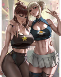 2girls abs bangs black_socks blonde_female blonde_hair breasts brown_eyes brown_hair cleavage clothing crop_top dandon_fuga female female_only highres himiko_toga large_breasts looking_at_viewer midriff my_hero_academia ochako_uraraka pantyhose peace_sign revealing_clothes skirt socks standing thick_thighs thigh_socks thighhighs toned wide_hips yellow_eyes rating:Questionable score:519 user:Kockhallon