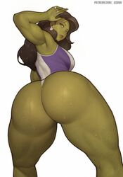 1girls armpit artist_name ass asura_(artist) big_ass big_breasts black_hair curvaceous curvy curvy_body curvy_female dat_ass earring female female_only green_skin huge_ass hulk_(series) large_ass leotard long_hair looking_at_viewer looking_back marvel marvel_comics muscles muscular muscular_female rear_view ring_(jewelry) rings she-hulk sideboob solo superheroine sweat thick_ass thick_thighs thighs thong_leotard veins white_background rating:Questionable score:411 user:justausername