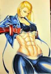 1girls abs blonde_hair blue_eyes breasts cammy_white choker clothing female female_only fully_clothed gloves handdrawn hands_on_breasts jacket looking_down muscular muscular_female octavius_dp pants solo sports_bra street_fighter street_fighter_6 tagme thick_thighs rating:Questionable score:48 user:Rex_Hollins