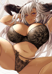 bangs black_horns blush breasts dark-skinned_female dark_skin dragon_horns fangs fediel_(granblue_fantasy) female granblue_fantasy highres horns large_breasts lingerie long_hair looking_at_viewer navel open_mouth purple_eyes smile solo spread_legs thighs underwear very_long_hair yude rating:Questionable score:136 user:DemonKitty15