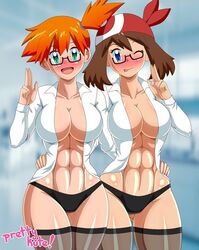 2girls abs alternate_breast_size asymmetrical_hair athletic_female big_breasts blue_eyes blush breasts brown_hair coat cowboy_shot creatures_(company) female female_abs female_only fit_female game_freak glasses green_eyes gym_leader hand_on_another's_hip hand_on_hip haruka_(pokemon) kasumi_(pokemon) labcoat looking_at_viewer may_(pokemon) misty_(pokemon) multiple_girls nintendo no_bra one_eye_closed open_mouth orange_hair pk-studios pokemon pokemon_(anime) pokemon_(game) pokemon_rgby pokemon_rse ponytail short_hair side_ponytail thank_you thick_thighs thighhighs thighs thong tomboy toned tongue tongue_out wet wide_hips wink rating:Questionable score:36 user:Misty_lover