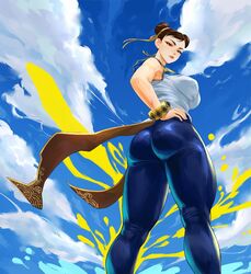 1girls armpits asian asian_female ass big_ass big_breasts blush breasts brown_eyes brown_hair calad_g capcom chun-li clothed clothed_female clothes clothing female female_only fully_clothed light-skinned_female looking_at_viewer low-angle_view rear_view solo street_fighter street_fighter_6 sweat thick_thighs wide_hips rating:Questionable score:119 user:Tronitrus