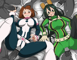 2girls 4boys belt big_breasts black_eyes blush bodysuit boots brown_eyes brown_hair captured captured_heroine captured_superheroine cute defeated defeated_heroine defeated_superheroine female forced goggles green_clothing green_hair helpless hero_outfit_(mha) imminent_gangbang imminent_rape kidnapped large_breasts legs_apart legs_held_open legs_spread male multiple_boys my_hero_academia ochako_uraraka oekakukomi on_back on_bed penis rape scared short_hair skintight skintight_bodysuit superheroine teenage_girl teenager thighhighs tight_clothing tsuyu_asui worried worried_expression rating:Explicit score:77 user:tf141