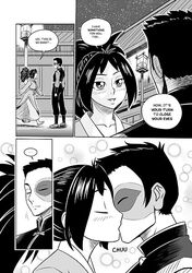 1boy 1girls avatar_the_last_airbender black_and_white blush brother-tico clothing comic comic_page couple cute jin_(avatar) jin_tales_of_ba_sing_se kissing outdoors romantic walking wholesome zuko rating:Questionable score:7 user:mypp19cmlong