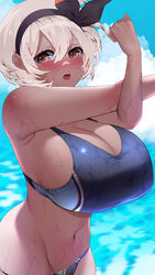 1girls alternate_breast_size bea_(pokemon) cleavage dark-skinned_female dark_skin huge_breasts pokemon pokemon_ss short_hair sideboob stretching sumisumii sweat tongue_out white_hair rating:Questionable score:248 user:KazKrab