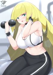 1girls 2022 alternate_breast_size artist_signature bare_shoulders big_breasts blonde_hair breasts dumbbell female female_only green_eyes hair_over_one_eye hi_res hips huge_breasts human human_only humanoid kaos_art large_breasts lifting_weights long_hair looking_at_viewer lusamine_(pokemon) mature_female milf mother nintendo pokemon pokemon_sm slim_waist smile solo solo_female sports_bra sportswear thick thick_thighs thighs very_long_hair wide_hips wristband yoga_pants rating:Safe score:130 user:ZetaReborn