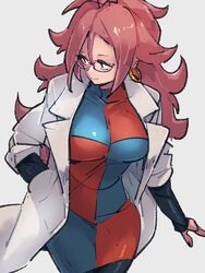 1girls android_21 android_21_(human) big_breasts breasts brown_hair dragon_ball dragon_ball_fighterz ear_piercing female glasses kemachiku labcoat long_hair painted_nails rating:Safe score:104 user:Rapattack12