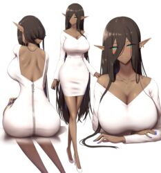 1girls back back_view backless_dress bare_legs beauty_mark blush breasts brown_hair cleavage collarbone crossed_arms dark-skinned_female dark_elf dark_hair dark_skin dress ear_piercing ear_ring earrings elf elf_ears elf_female eye_contact eyebrows_visible_through_hair eyes_visible_through_hair eyeshadow female female_focus female_only front_view green_eyes hair_between_eyes hair_over_one_eye head_tilt heart heart_necklace heels high_heels key large_breasts long_hair long_legs long_neck long_sleeves looking_at_viewer milf mole mole_under_mouth multiple_views necklace pencil_dress pencil_skirt pointed_ears pointy_ears shiny_skin shiroshisu sitting smile sole_female solo solo_focus standing tagme thin_waist tight_clothing very_long_hair white_background white_clothes white_clothing white_dress wide_hips zipper zipper_pull_tab rating:Questionable score:317 user:CalZone