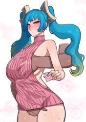 1boy 1girls 6no1 big_breasts blue_hair blush condom condom_wrapper fingering groping hand_on_breast large_breasts league_of_legends looking_at_another no_bra no_panties riot_games sona_buvelle sweat sweater rating:Explicit score:249 user:Who1Am